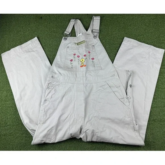 Vintage 1999 Warner Bros Tweety Bird Overalls Tan Wide Leg Carpenter Womens S - Picture 1 of 14